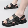 Sandalen Heren Zomer Ademend Comfortabel Echt Leer Dubbele Gesp Heren Strand Casual Schoenen Zwart Bruin 5 5