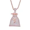 Iced Out CZ Bling Dollar Sign Money Bag Pendant Necklace Mens Micro Pave Cubic Zirconia Gold Silver Rose Gold Necklace245d