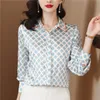 Designer Classic Satin Plaid Women Silk Lapel Button Up Graphic Shirts 2023 Autumn Winter Office Ladies Elegant and Youth Bluses Plus Size Tops