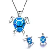 925 Sterling Silver Cute Turtle Netlace و Mostrings Fire Blue Opal شغل الإناث المجوهرات حيوانات الحيوانات set219r