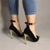 Sapatos de vestido 2023 Primavera Mulheres Bombas Alto Salto Fino Apontou Toe Metal Decoração Sexy Bling Nupcial Casamento Ouro