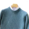 Herrtröjor män ren kashmir ull mjuk tröja o-hals diamant jacquard pullover hösten vinter casual tjock bas jumper stor storlek topp