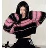 Женские свитера Deeptown Y2K, розовый укороченный свитер в корейском стиле, женский полосатый джемпер, винтажный женский осенний пуловер с круглым вырезом и длинными рукавами