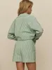 Vêtements de nuit pour femmes Hiloc rayé vêtements de nuit pour femmes ensembles vert à manches longues pyjamas ensemble poche revers vêtements de détente décontracté 2023