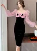 基本的なカジュアルドレスハイエンドライト豪華なピンクメッシュパッチワークベルベットドレス女性服の気質膝の長さベスティドス2024