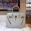 Designer Bag Ostrich Handbags Designers Bags Full Handmade Original Leather 25cm IncHandbag Female Pearl Gray Large Capacity MJRT