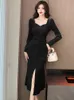 Basic Casual Dresses New Autumn/Winter Black Red Velvet DressFor Women's Hot Diamond Mid Length Slim Sexy Split Dress Fashion Female Clothing 2024