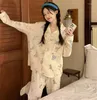 Women's Sleepwear Cartoon Zoo Pajama Sets Turn Down Spring Autumn Soft Home Suit Women Cotton Pyjamas Gauze Loungewear S390