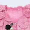 Cardigan en Mohair doux pour femme, tricot avec Appliques au Crochet, veste pull rose, col en v, haut court tricoté, automne-hiver 2023