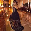 2023 Myriam Fares Black Prom Dresses Formal Long Sleeves Evening Gowns Hi Lo Skirt Off The Shoulder V Back Open Duabai Lace Gowns