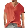 T-shirts pour hommes grands hommes d'été col en V solide à manches courtes chemise en lin ample mode longue
