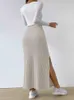 Kjolar kvinnor hög midja delad lår kjol ribbade Kint striation hem solid bodycon lång elastisk elegant maxi