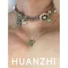 Halsband HUANZHI Grüne Vintage Doppelschichten Halskette Blume Schmetterling Zirkon Romantischer zarter Glamour-Schmuck für Frauen Mädchen