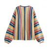 Damen Strick Mädchen Süße Bunte Gestreifte Strickjacke 2023 Herbst Weibliche Casual Lose Häkeln Strickjacken Frau High Street Weiche Strickwaren