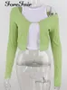 Kvinnors T -skjortor Forefair Casual Top Suit Sticked Two Piece Set Crop and Cardigan Jacket Green White Long Sleeve 2023 Women Slim Tees Sexy