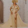 2023 Oct Aso Ebi Arabic Gold Mermaid Prom Dress Sequined Lace Evening Formal Party Second Reception Birthday Engagement Gowns Dresses Robe De Soiree ZJ65