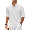 Camisas casuais masculinas algodão linho de manga comprida primavera outono cor sólida gola alta estilo praia plus size M-3XL