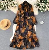 Autumn Gentle Chiffon Long Dress Women Lace Up Bow A Line Lantern Sleeve 2023 New French Vintage Sexy Slim Print Dress