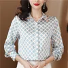 Designer de luxe classique Satin Plaid Blouses femmes soie revers boutonné chemises graphiques 2023 automne hiver bureau dames élégantes et jeunes Blouses grande taille hauts