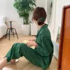 Women's Sleepwear Green Plaid Print Spring Pajamas Set Women Four Piece Shirts Shorts Trousers Hair Ring Home Suit Korean Ins