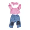 Dancewear 3 pezzi vestiti per neonata rosa top con spalle scoperte pantaloni in denim strappati jeans fascia per bambini abiti estivi 230928