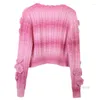 Cardigan en Mohair doux pour femme, tricot avec Appliques au Crochet, veste pull rose, col en v, haut court tricoté, automne-hiver 2023