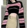 Damenpullover Deeptown Y2K Koreanischer Stil Rosa Kurzer Pullover Frauen Gestreifter Pullover Vintage Weiblicher Herbst Langarm Rundhalspullover