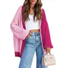 Malhas femininas contraste cor cardigan de malha solta casual com decote em v manga longa batwing colorido retalhos camisola casaco para mulher estilo preguiçoso