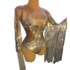 Stage Wear Sparkly Strass Lantejoulas Franjas Bodysuit Mulheres Bodycon Club Dancer Borla Leotard Party Show Dance Costume249W