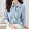 Bluzki damskie mody plisowane kobiety z długim rękawem guziki niebieskie proste koszule kobiety odrzucają obrożę biuro damskie ubrania 29321