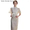 Ubrania etniczne Mid Long Qipao Tradycyjne chińskie dressbeige Ulepszona haft cheongsam vintage elegancka sukienka Trumpet rękaw Slim-fit