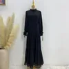 민족 의류 여름 여름 드레스 여성 주름 쉬폰 레이스 트림 무슬림 아바이 두바이 터키 이슬람 히잡 로브 우아한 단색