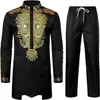 Herren T-Shirts Afrikanischer Stil Jugend Männer Gold Bedruckter Pullover 2 Stück Langes Hemd Lässig Slim Fit Top Hosen Kleidung Kostüm Arabisch Stehkragen