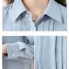 여자 블라우스 패션 패션 주름 여자 긴 슬리브 버튼 업 파란색 간단한 여자 셔츠는 칼라 사무실 레이디 탑의 옷 29321