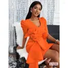 Plus Größe Kleider Elegante Frauen Plissee Kleid 4XL Damen Geburtstag Party Mit Bogen Pluff Hülse Weibliche Orange Prom Vestido