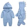 Strampler Frühling Kinder Geschichten geboren Baby Strampler Anzug Feste Kapuze Dino Jungen Mädchen Strampler Baumwolle Babywear 4 Farben 230928