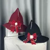 Berets Halloween Lolita Witch Hats Kobiet Pluszowa piłka Bowknot szeroka grzbiet spiczasta czapka maskarada Cosplay Party Costume Akcesorium