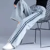 Dżinsy damskie szeroko nogie haft haftowy 2023 Zimowe spodnie podłogowe wysokie stanowe luźne cienkie proste rurkę swobodne