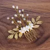 Golden Leaf Crystal Pearl Hair Coman ślub ślubna druhna ślubna Tiars Women Girl