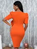 Plus Size Dresses Elegant Women Pleated Dress 4XL Ladies Birthday Party With Bow Pluff Sleeve Female Orange Prom Vestido