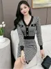 Basic Casual Dresses Women's Sexy V-Neck Knitted Sweater Dress New Autumn/Winter Korean Long Sleeve Slim Temperament Houndstooth Dresses 2024