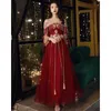 Ethnic Clothing Burgundy Sexy Sequins Beaded Chinese Applique Female Cheongsam Vestidos Chinos Oriental Wedding Gowns Party Long Sleeves
