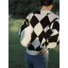 Kvinnors tröjor Svartvit Checkerboard V-hals Pullover Polo Shirt Diamond Löst stickad tröja varm 2023