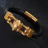 12 mm breiter goldfarbener Wolfskopf-Armband aus Edelstahl 316L, Geschenk, schwarzes Lenther-Armband, Geschenk 8 26 291Y