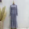 Abbigliamento etnico Abito lungo estivo Donna Chiffon increspato Bordi in pizzo Abaya musulmano Dubai Abito hijabi islamico turco Elegante tinta unita