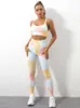 Pantalones de dos piezas para mujer, conjunto deportivo sin costuras, sujetador y mallas para Yoga, traje teñido con lazo colorido, Fitness, cintura alta, Control de barriga