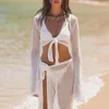 Robes de travail Sexy à manches longues tricoté creux culture hauts jupe fendue ensemble au crochet femmes été 2 pièces vêtements de plage Bikini cache-up