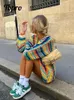 Women's Knits Tees Colorful Striped Women Knitted Cardigan Fashion Rainbow Color Long Sleeve Sweater Coats Autumn Female Streetwear Sweaters 230928