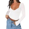 Dames T-shirts Dames Sexy Sweetheart Hals Crop Tops Y2k Laag uitgesneden Sheer Mesh Lange mouwen Effen Basic Slim Fit T-shirt