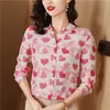 Vintage Casual Printed Button Up Shirts Women Designer Long Sleeve Fine Elegant Graphic Blouses Autumn Winter Chic Satin Lapel Shirts 2023 Office Ladies Simple Tops